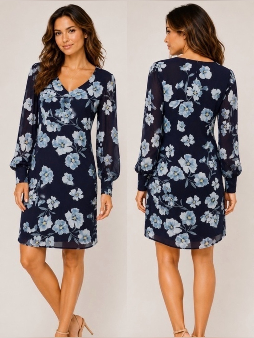 Cabi Ellery Floral Chiffon Shift Dress Navy Blue Size S Style 4018